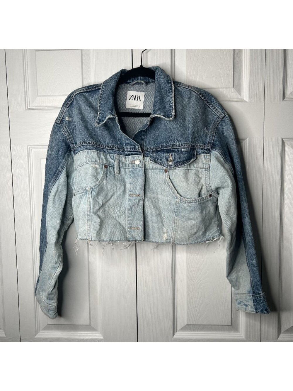 Zara Blue Denim Patchwork Frayed 100% Cotton Crop Jacket Women's Size Small S